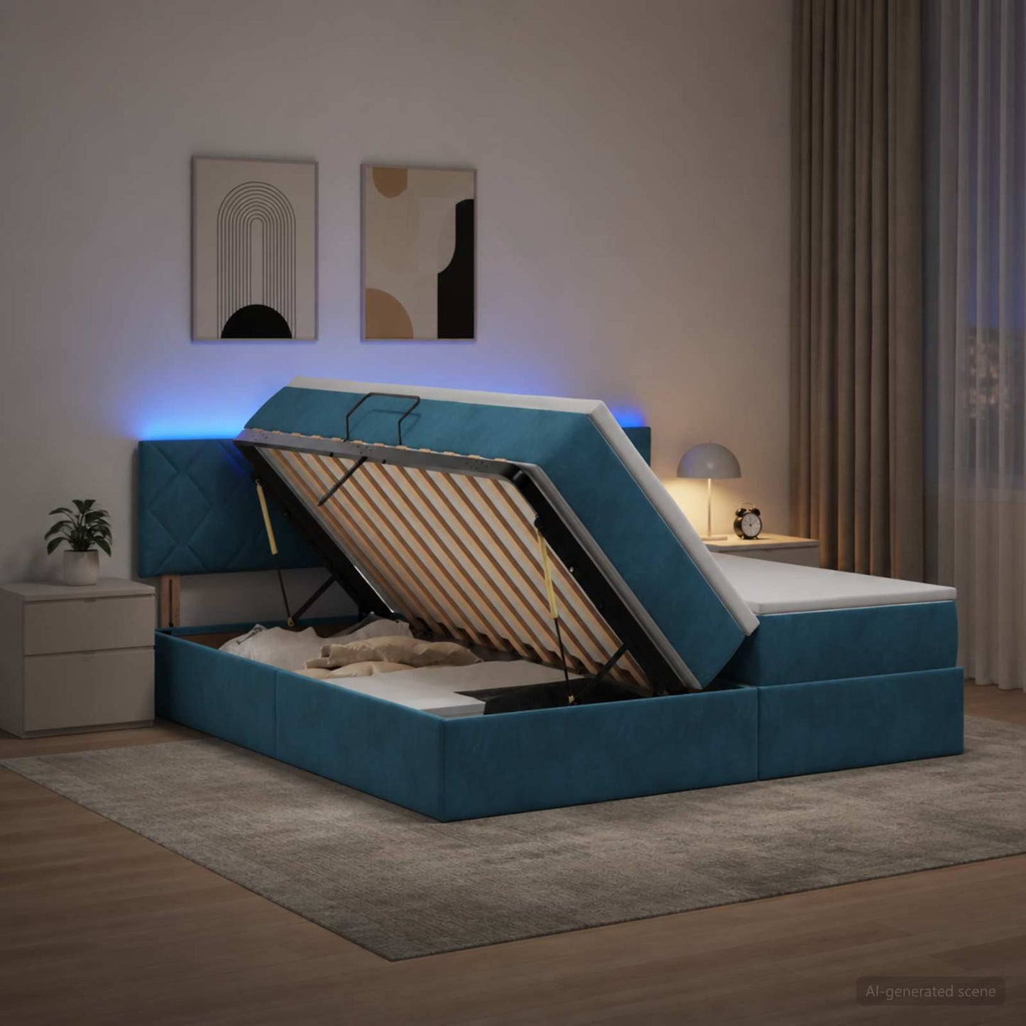 LED tárolós ágy matraccal Sötét kék 200 x 200 cm Bársony