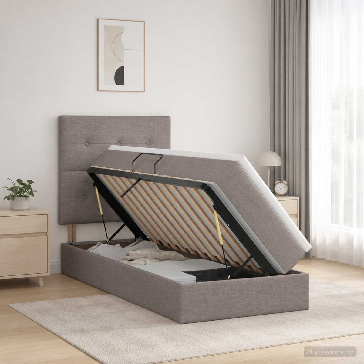 LED tárolós ágy matraccal Tópszínű 90 x 190 cm Szövet