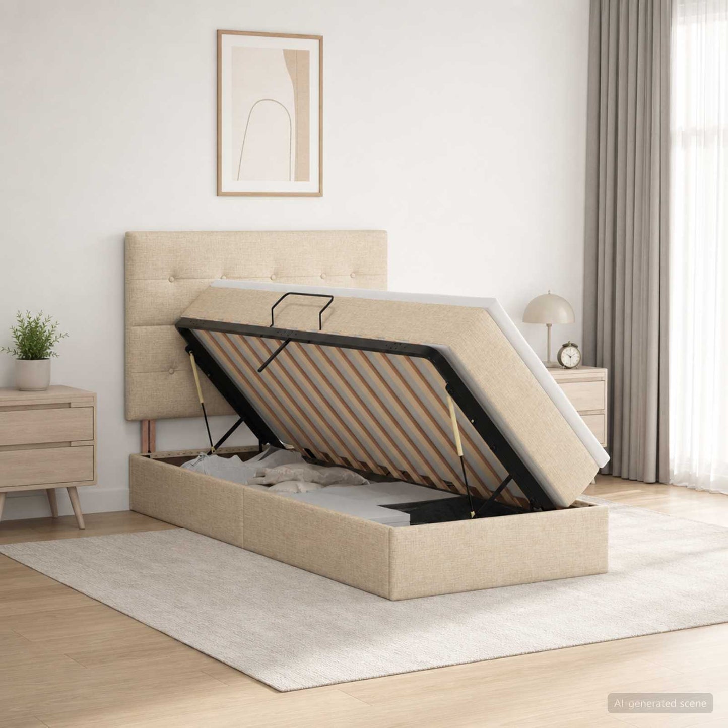 LED tárolós ágy matraccal Krémszínű 90 x 190 cm Szövet