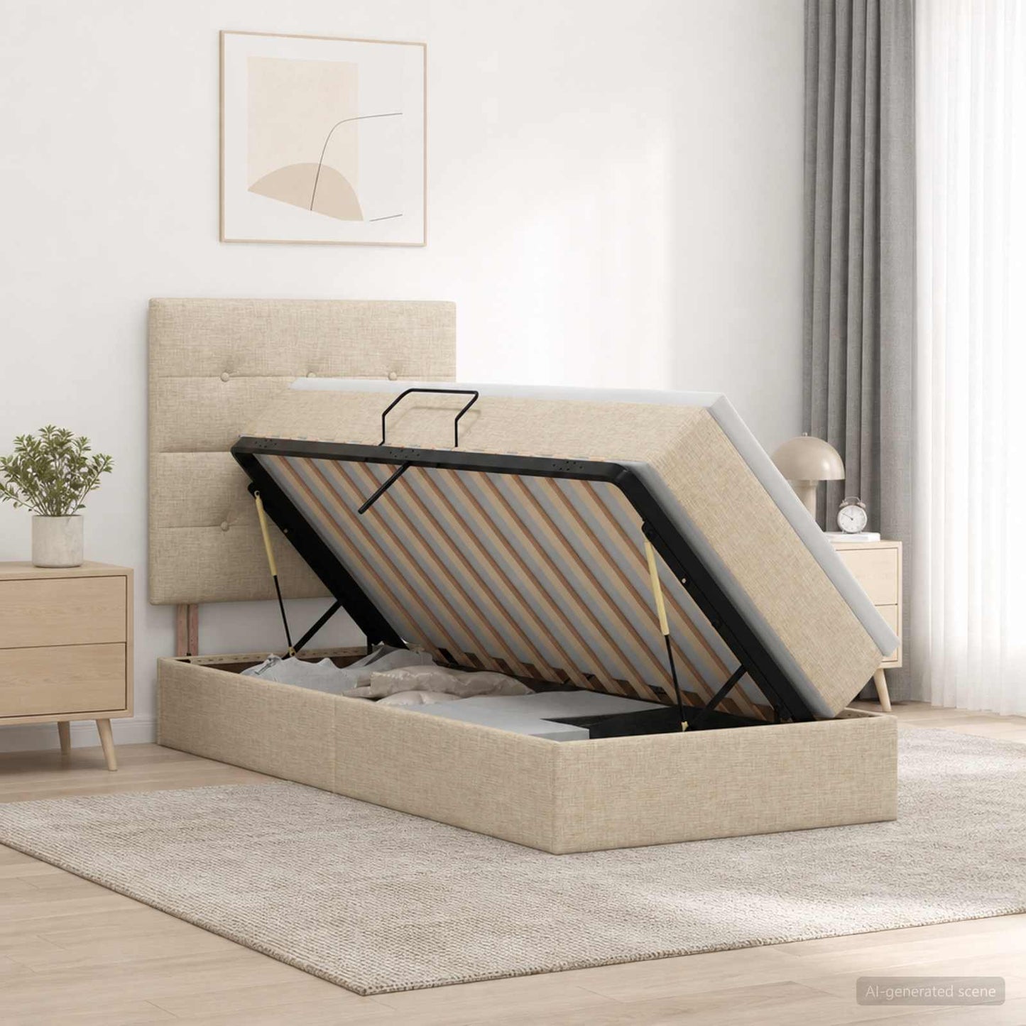 LED tárolós ágy matraccal Krémszínű 90 x 190 cm Szövet