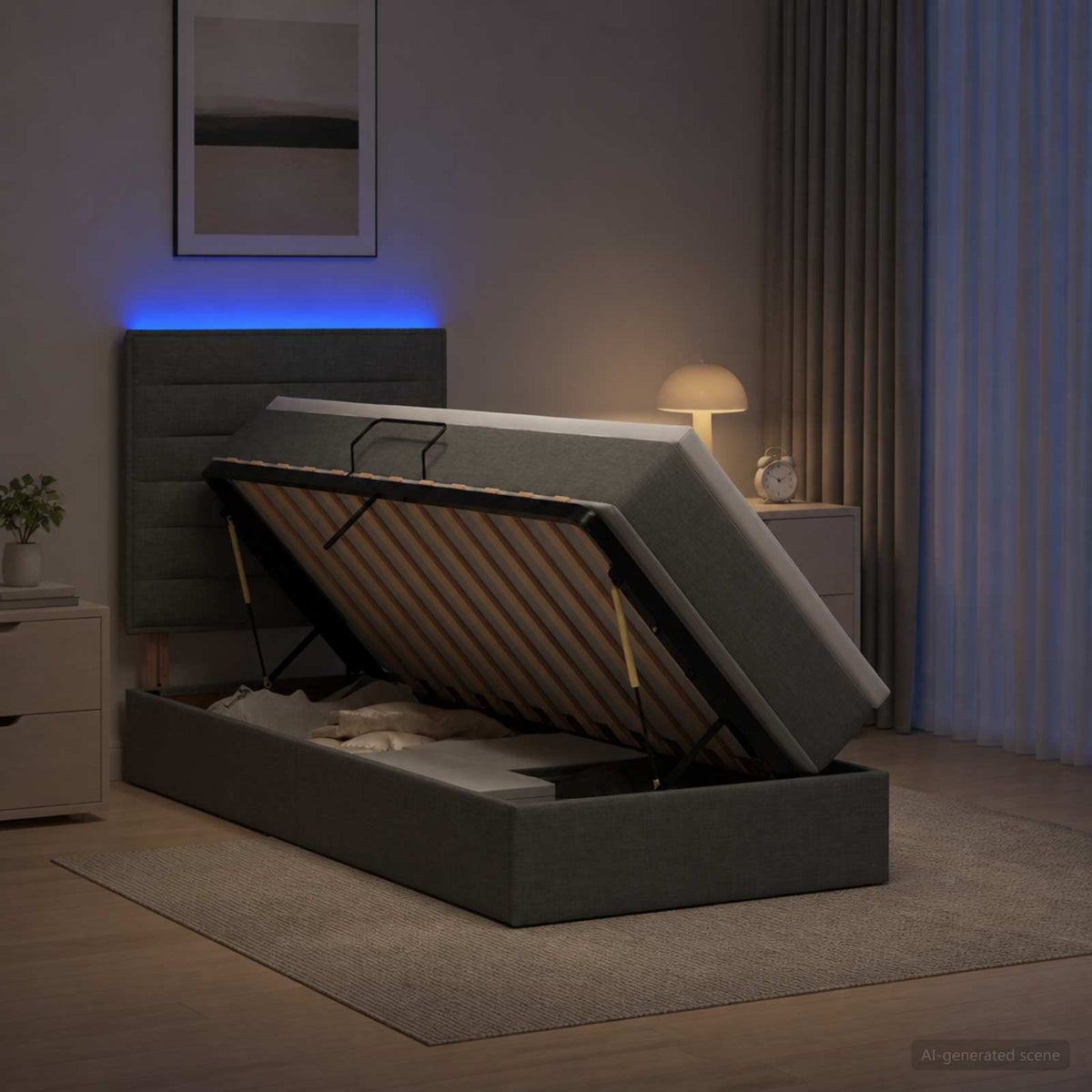 LED tárolós ágy matraccal Sötétszürke 100 x 200 cm Szövet
