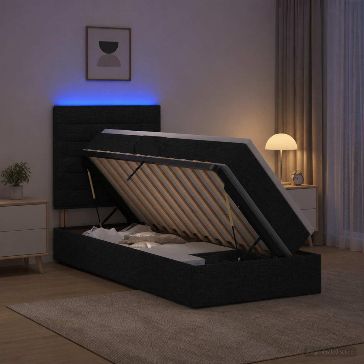 LED tárolós ágy matraccal Fekete 90 x 190 cm Szövet