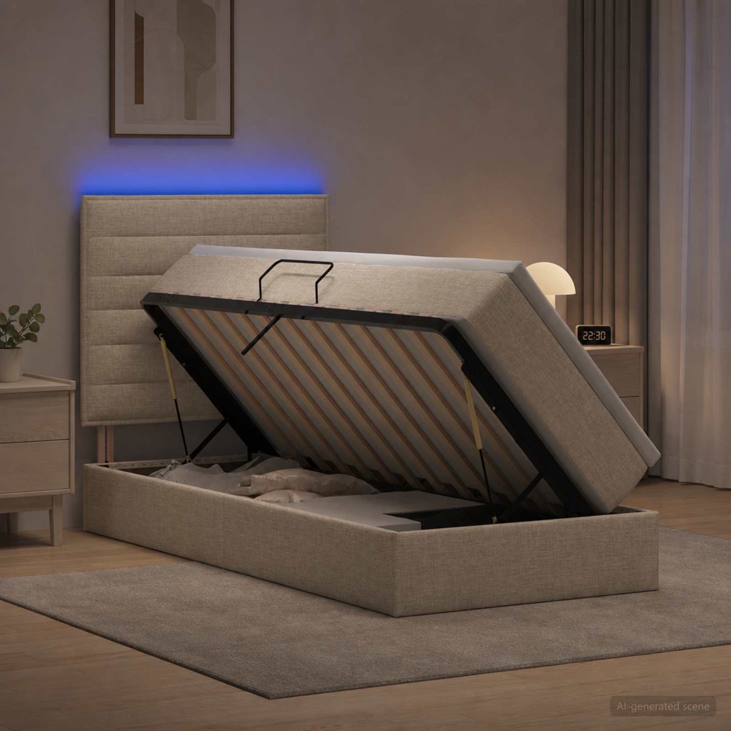 LED tárolós ágy matraccal Krémszínű 100 x 200 cm Szövet