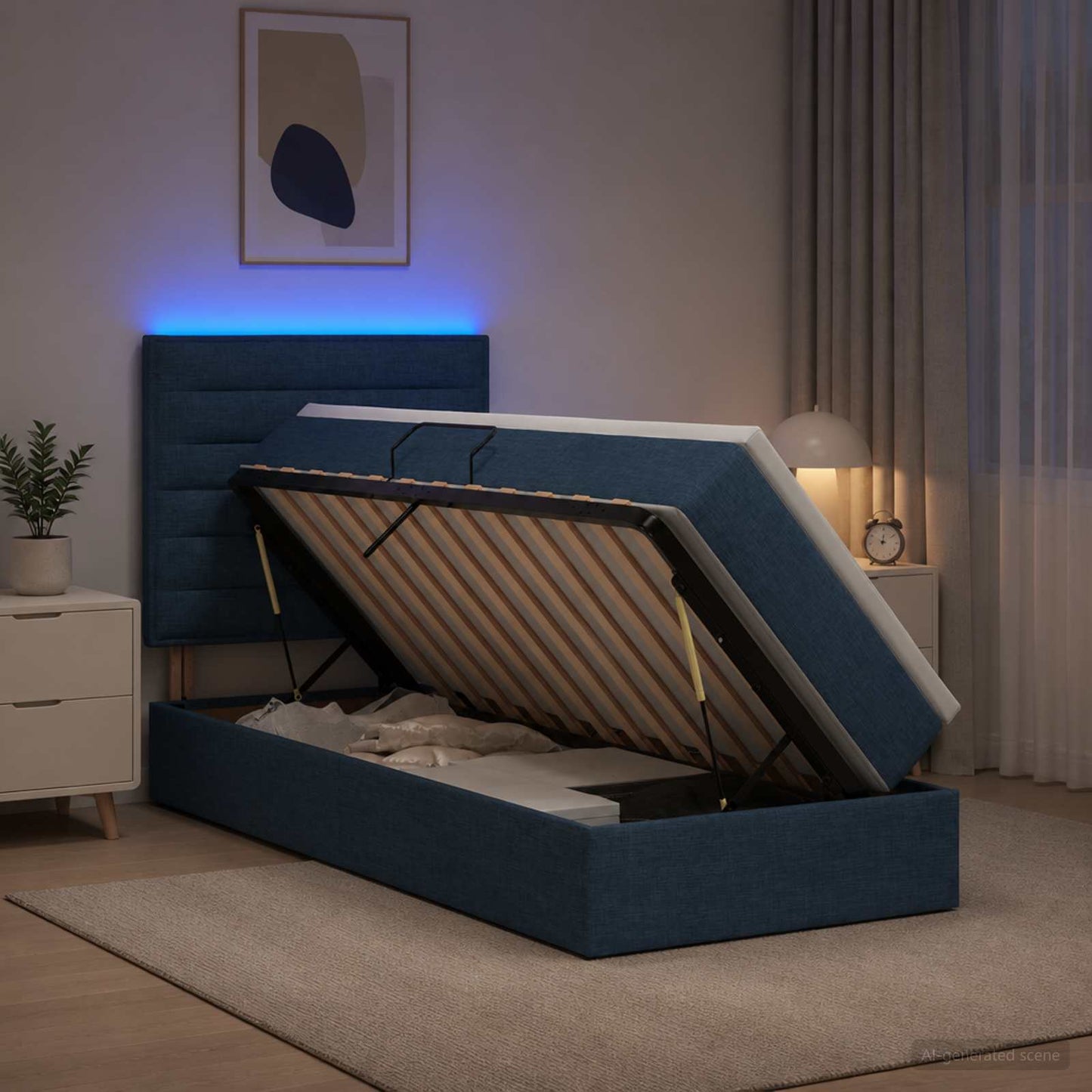 LED tárolós ágy matraccal Kék 90 x 200 cm Szövet
