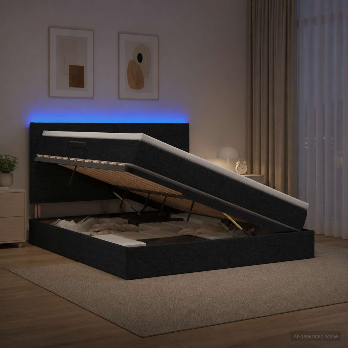 LED tárolós ágy matraccal Fekete 140 x 190 cm Szövet