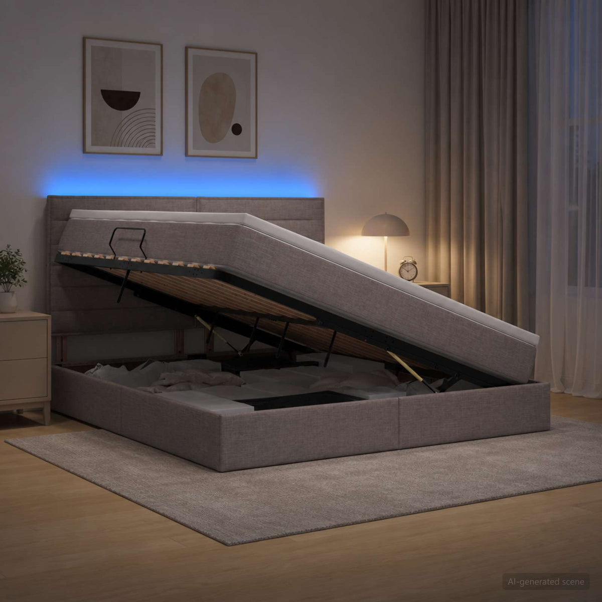 LED tárolós ágy matraccal Tópszínű 140 x 200 cm Szövet