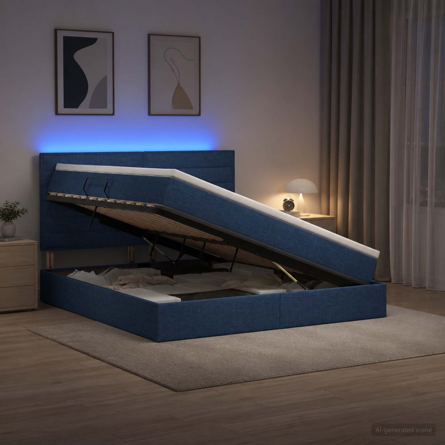 LED tárolós ágy matraccal Kék 180 x 200 cm Szövet