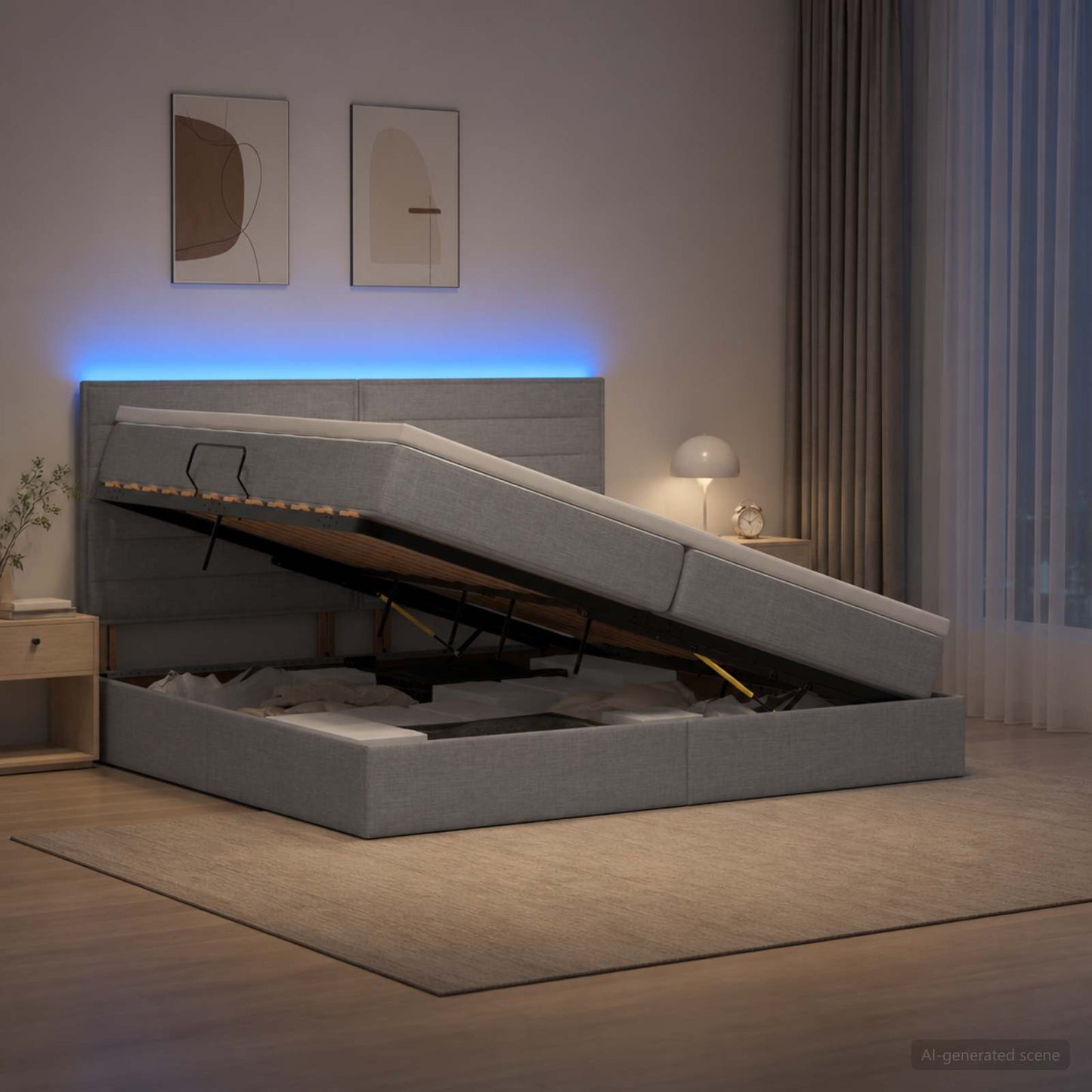 LED tárolós ágy matraccal Világosszürke 200 x 200 cm Szövet