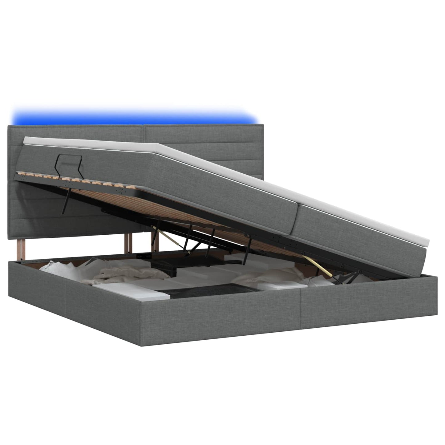LED tárolós ágy matraccal Sötétszürke 200 x 200 cm Szövet