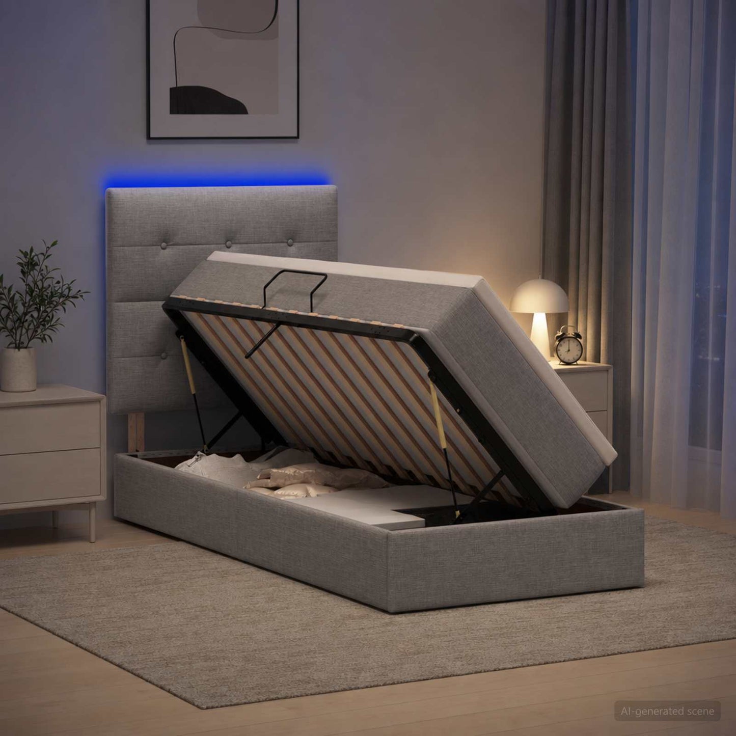 LED tárolós ágy matraccal Világosszürke 90 x 200 cm Szövet