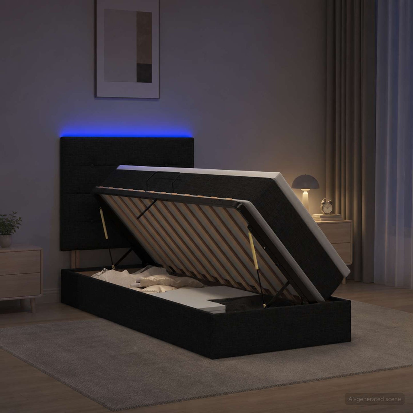 LED tárolós ágy matraccal Fekete 100 x 200 cm Szövet