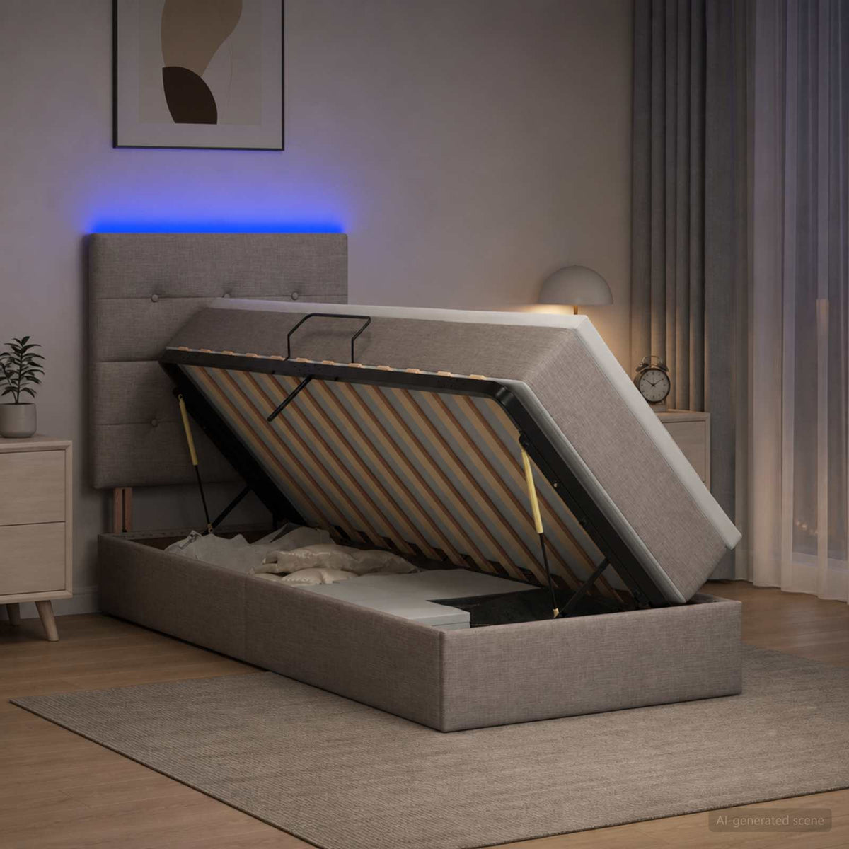 LED tárolós ágy matraccal Tópszínű 90 x 190 cm Szövet