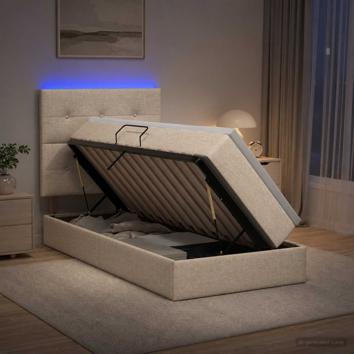 LED tárolós ágy matraccal Krémszínű 90 x 200 cm Szövet