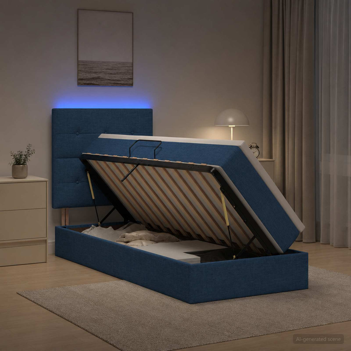 LED tárolós ágy matraccal Kék 100 x 200 cm Szövet