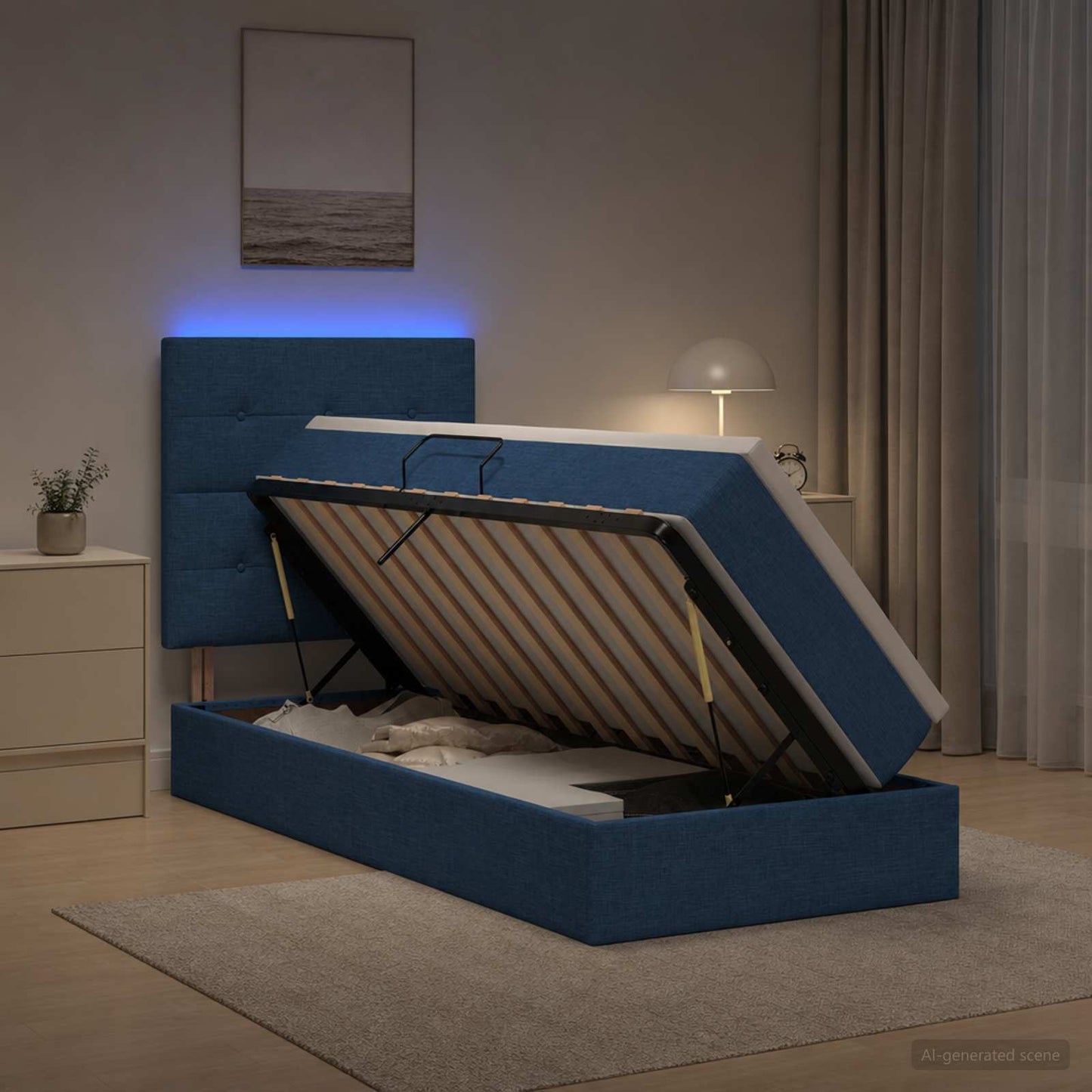 LED tárolós ágy matraccal Kék 90 x 200 cm Szövet