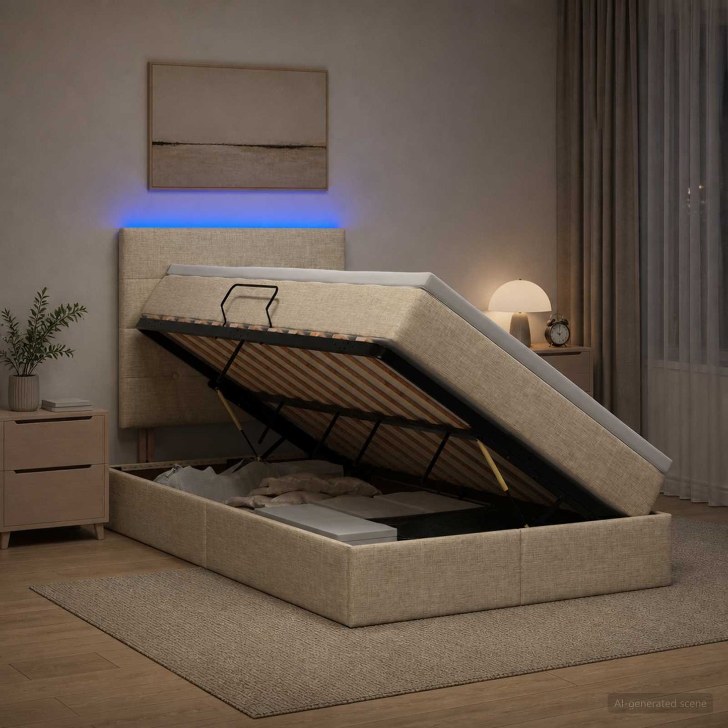 LED tárolós ágy matraccal Krémszínű 120 x 200 cm Szövet