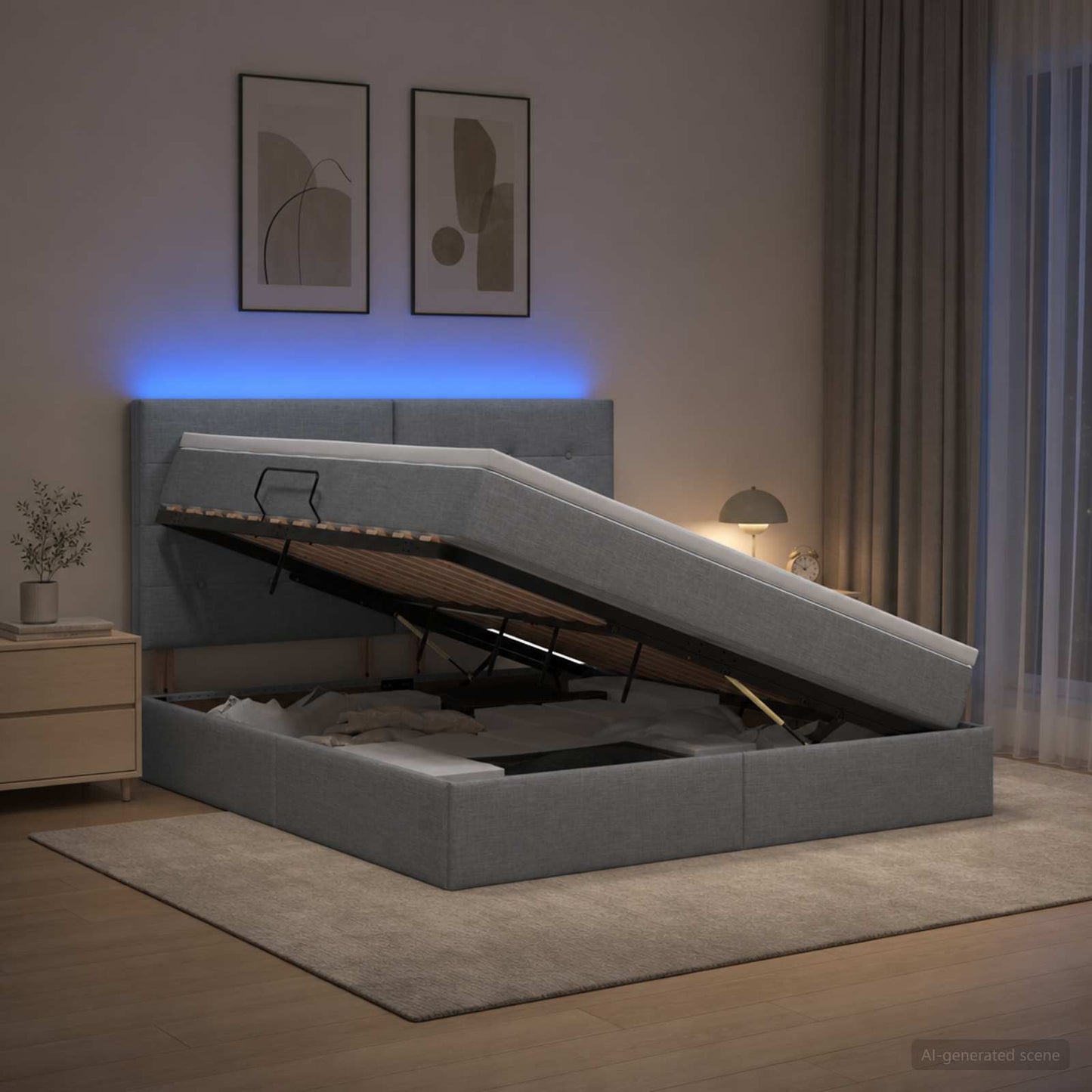 LED tárolós ágy matraccal Világosszürke 180 x 200 cm Szövet