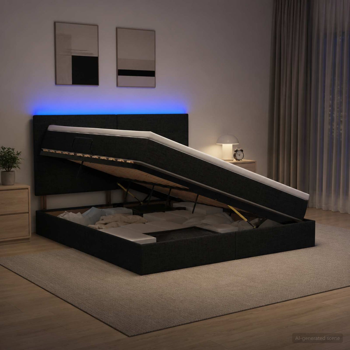 LED tárolós ágy matraccal Fekete 160 x 200 cm Szövet