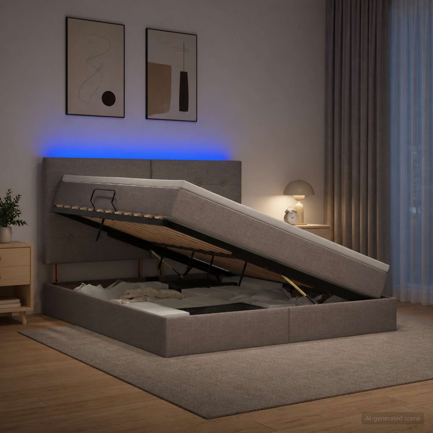 LED tárolós ágy matraccal Tópszínű 160 x 200 cm Szövet
