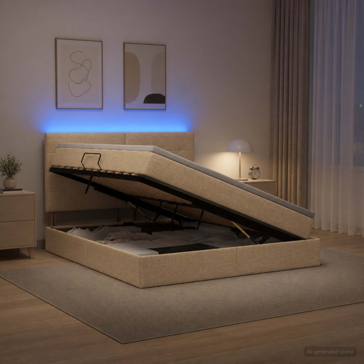 LED tárolós ágy matraccal Krémszínű 140 x 200 cm Szövet