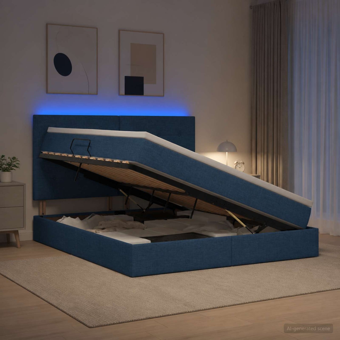LED tárolós ágy matraccal Kék 180 x 200 cm Szövet