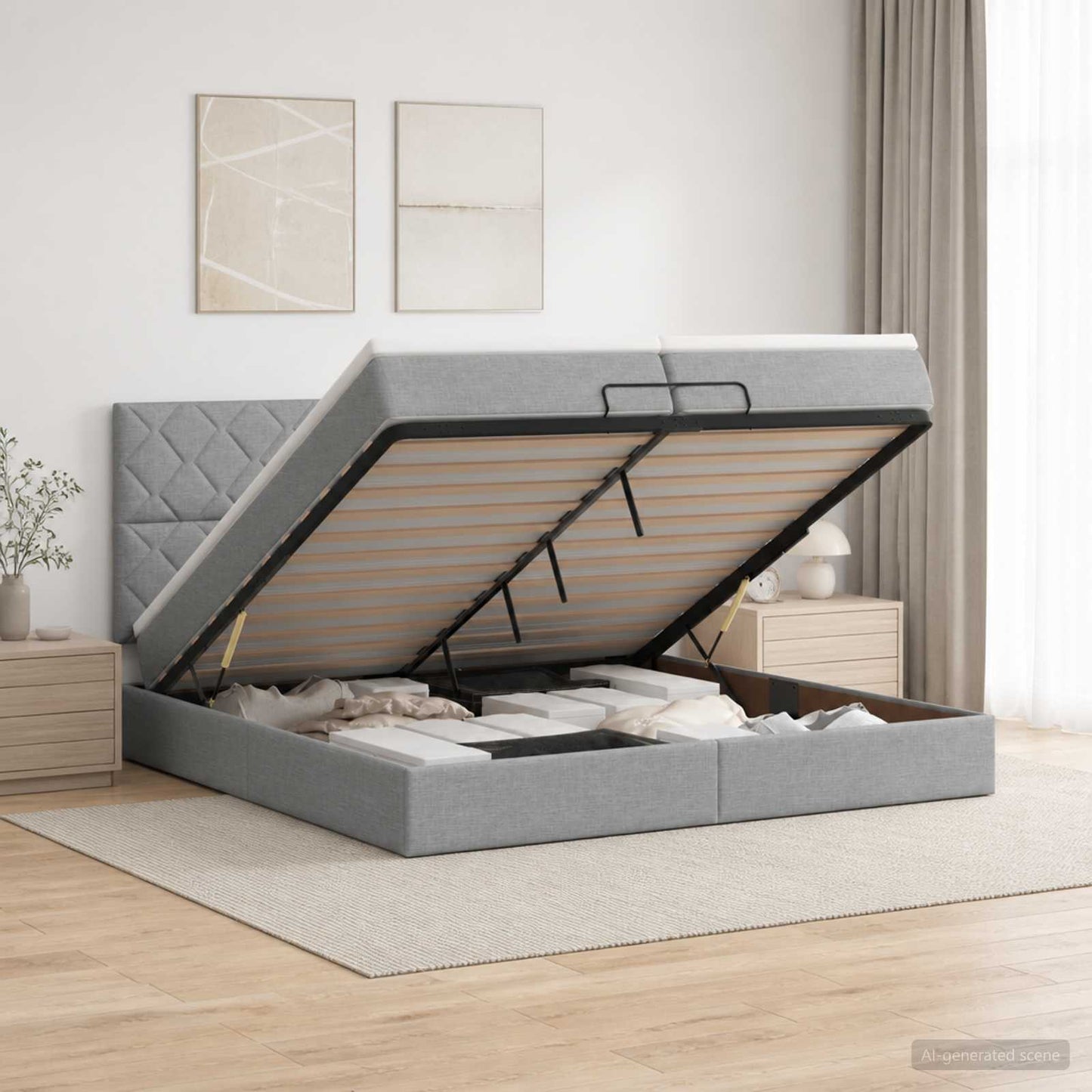 LED tárolós ágy matraccal Világosszürke 200 x 200 cm Szövet