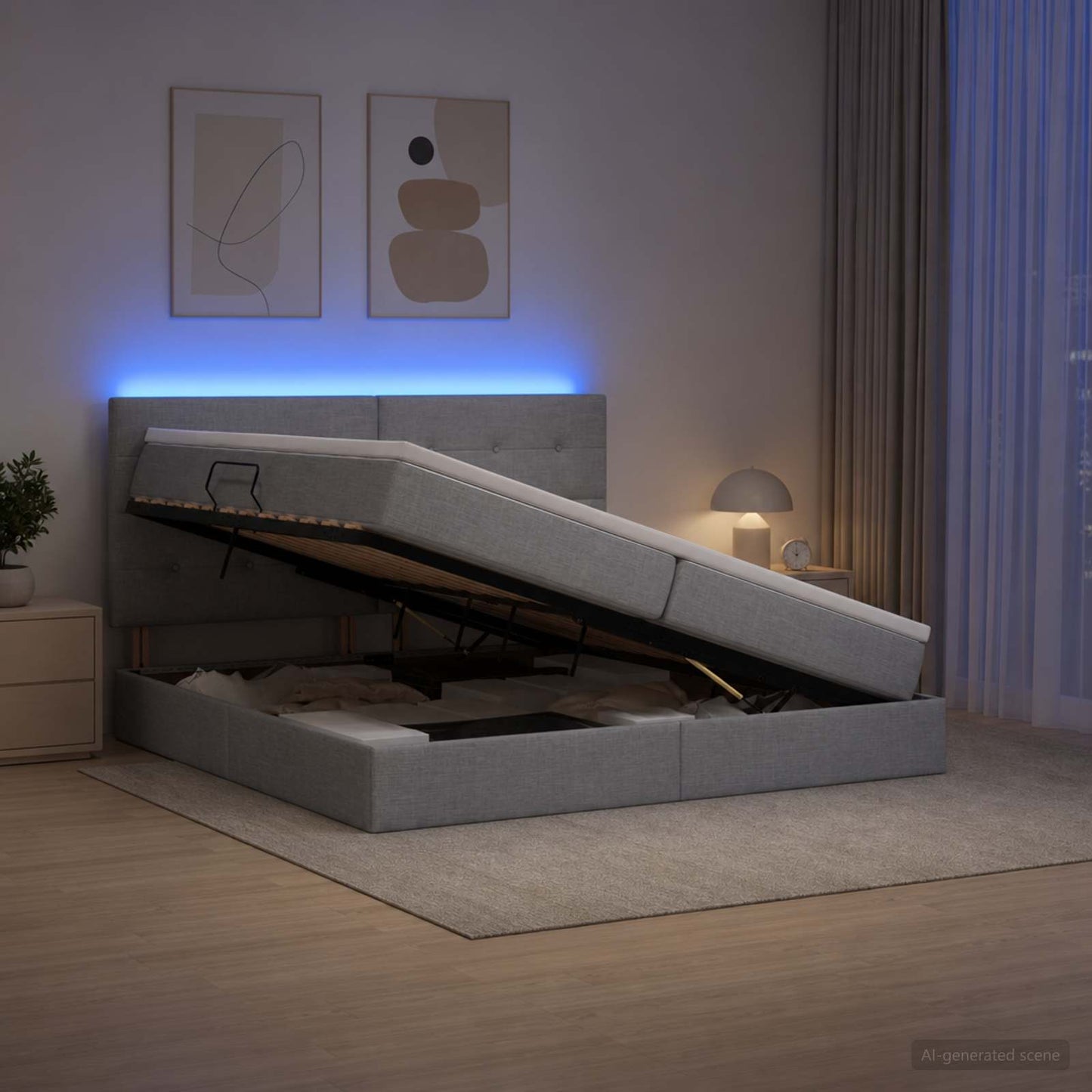 LED tárolós ágy matraccal Világosszürke 200 x 200 cm Szövet