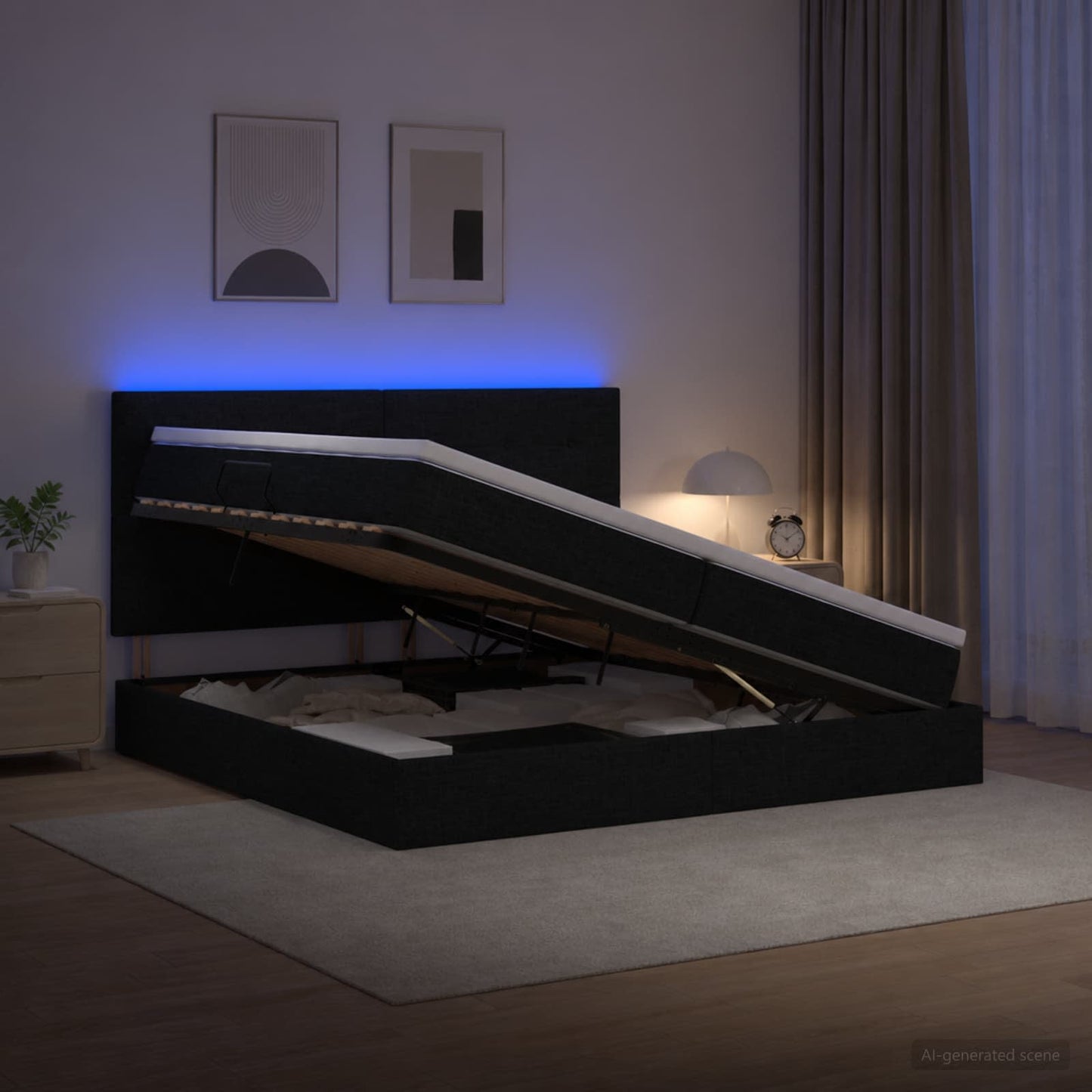 LED tárolós ágy matraccal Fekete 200 x 200 cm Szövet