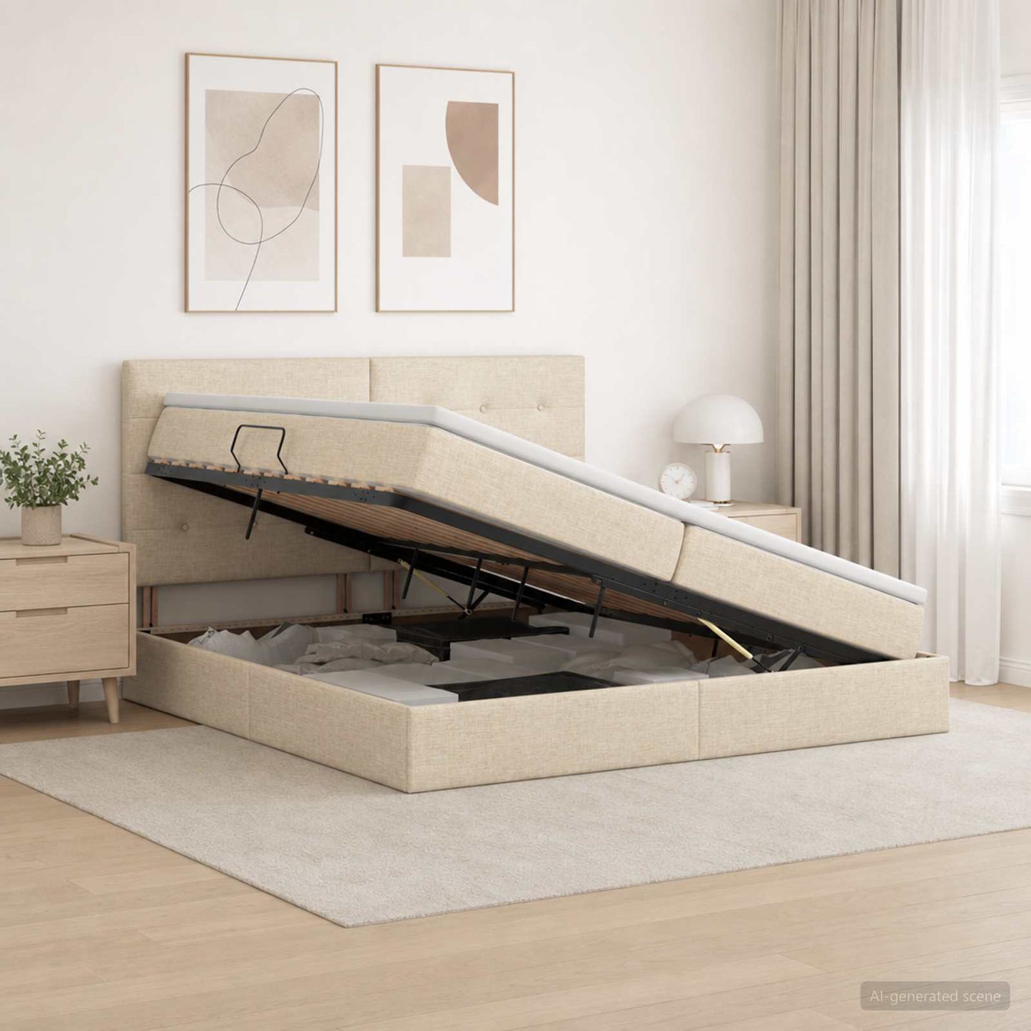 LED tárolós ágy matraccal Krémszínű 200 x 200 cm Szövet