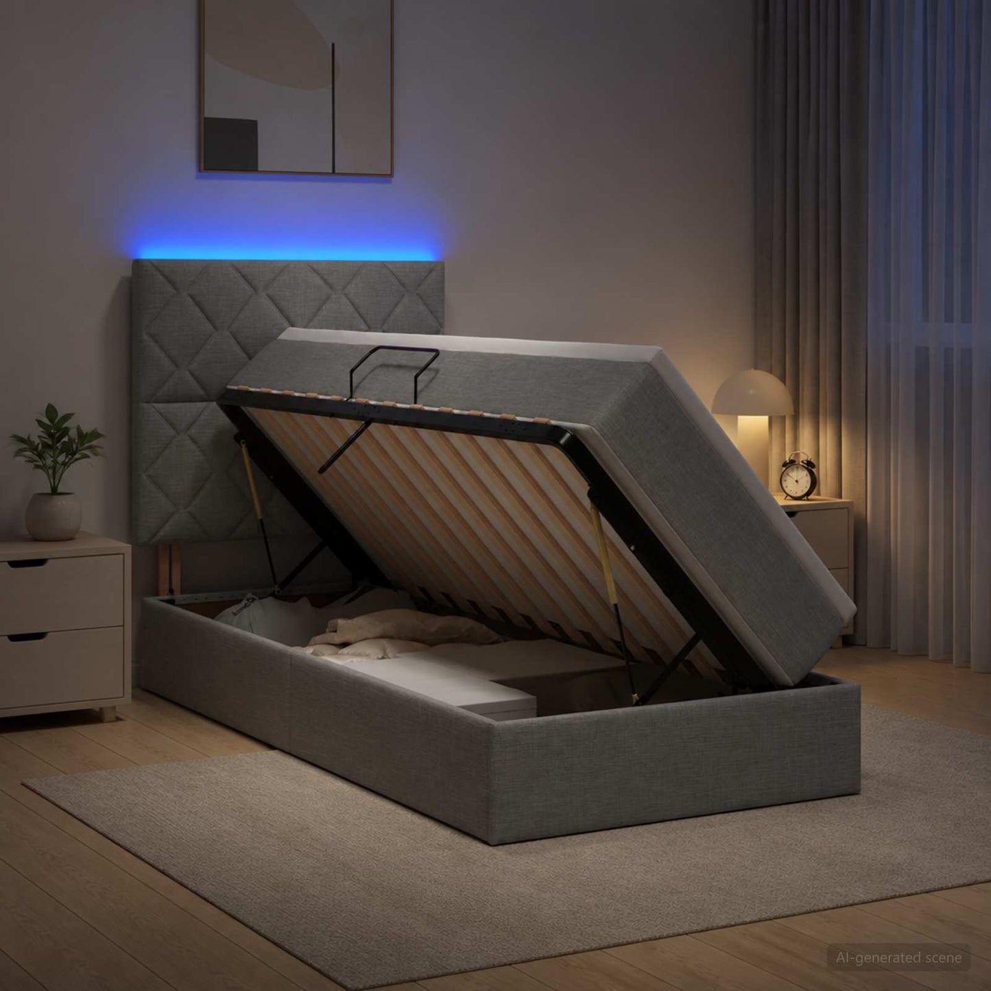 LED tárolós ágy matraccal Világosszürke 90 x 190 cm Szövet