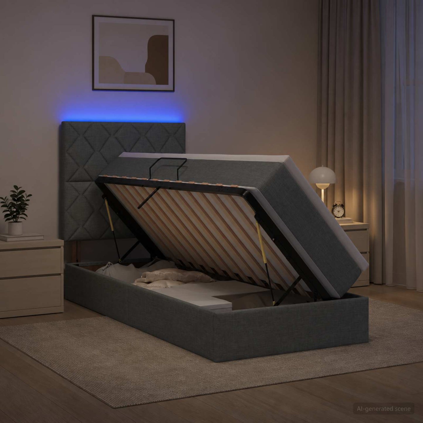 LED tárolós ágy matraccal Sötétszürke 100 x 200 cm Szövet