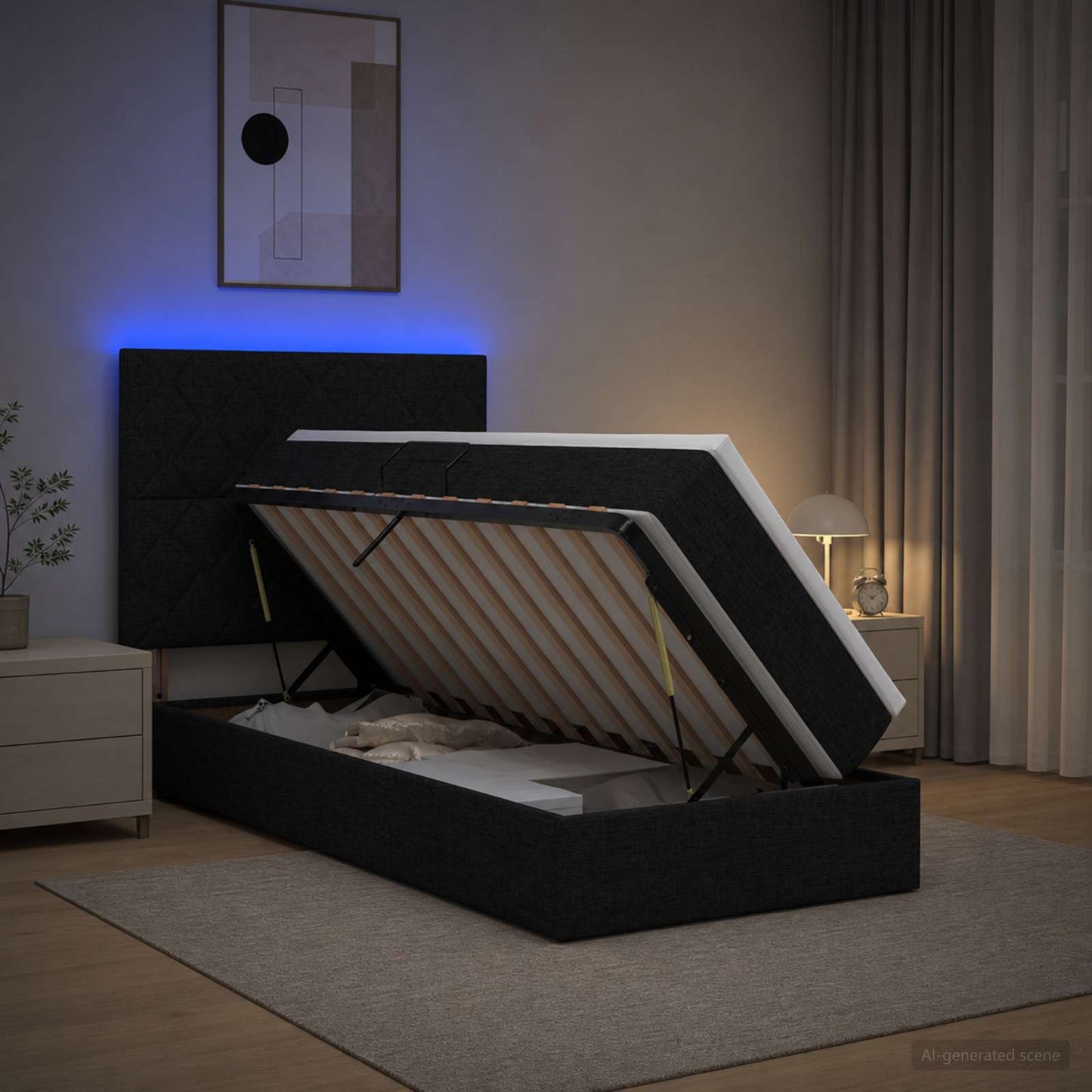 LED tárolós ágy matraccal Fekete 90 x 200 cm Szövet