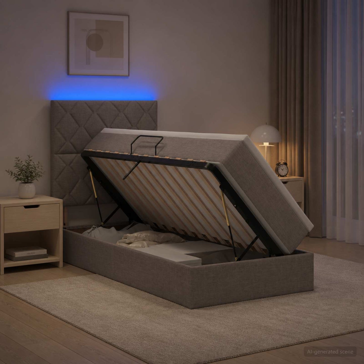 LED tárolós ágy matraccal Tópszínű 90 x 200 cm Szövet