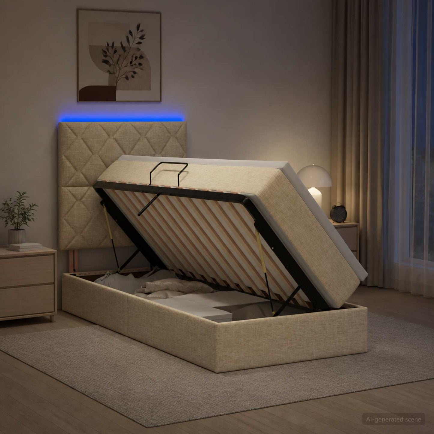 LED tárolós ágy matraccal Krémszínű 90 x 200 cm Szövet