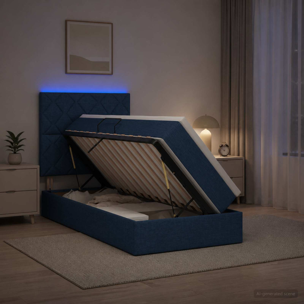 LED tárolós ágy matraccal Kék 100 x 200 cm Szövet