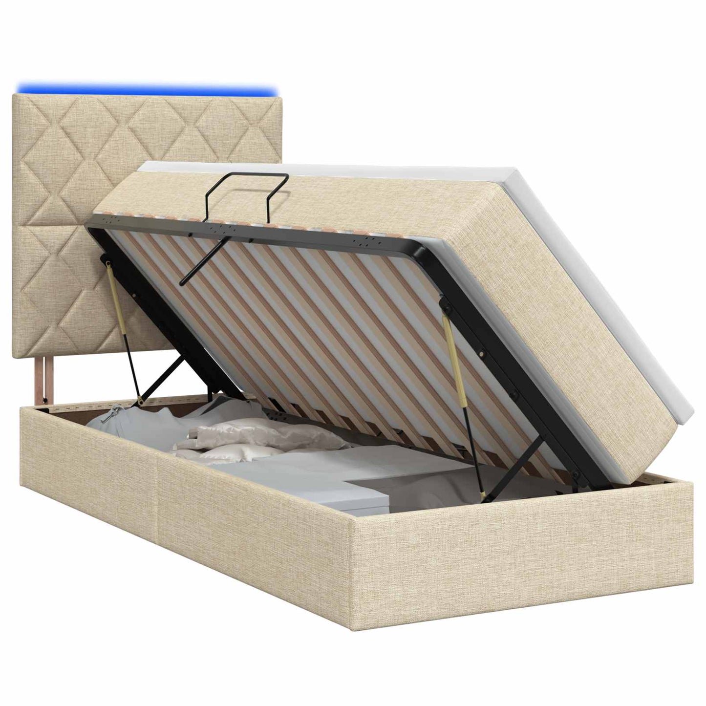 LED tárolós ágy matraccal Krémszínű 90 x 200 cm Szövet