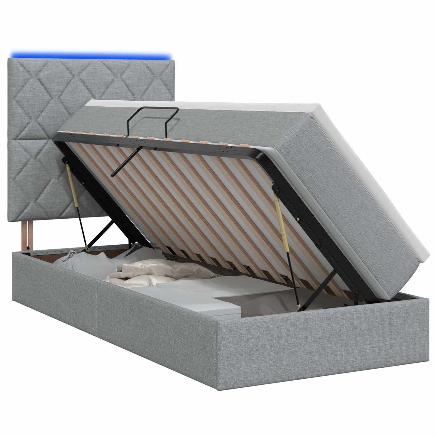 LED tárolós ágy matraccal Világosszürke 100 x 200 cm Szövet