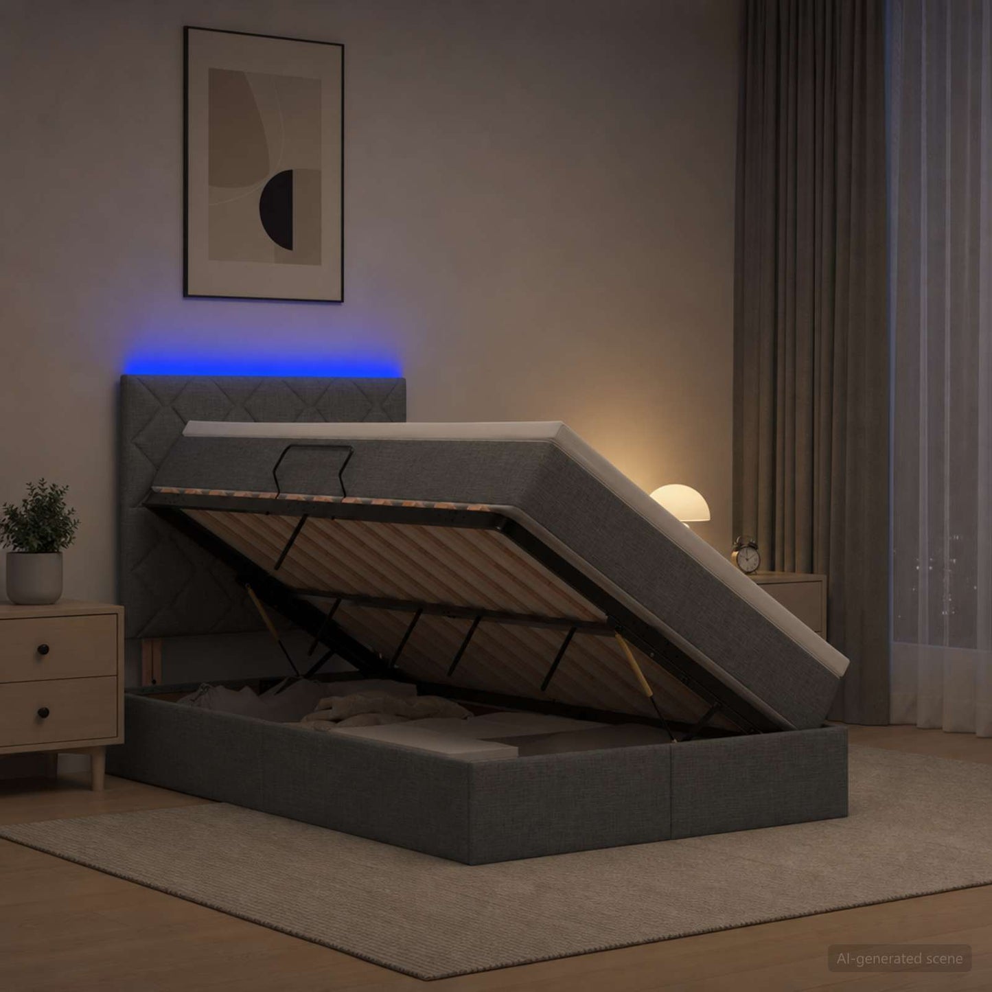 LED tárolós ágy matraccal Sötétszürke 120 x 200 cm Szövet