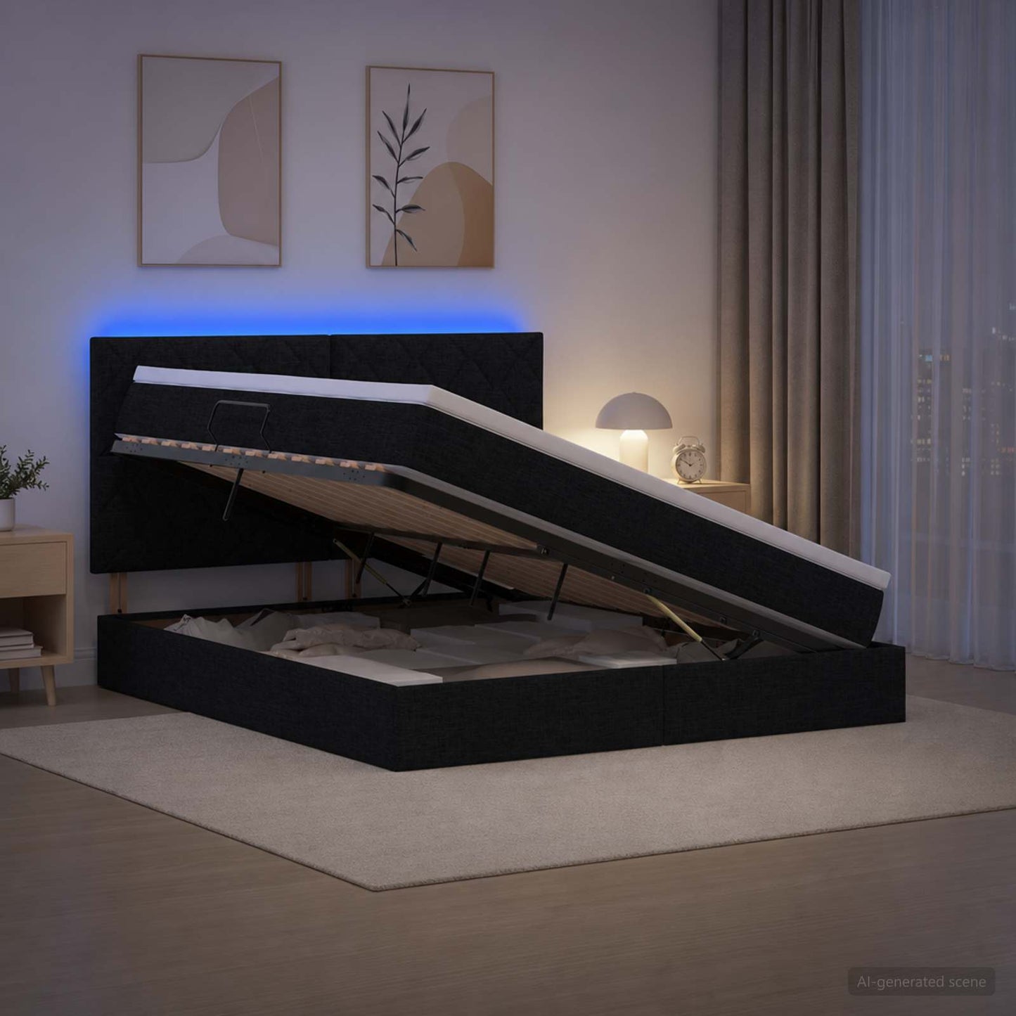 LED tárolós ágy matraccal Fekete 160 x 200 cm Szövet