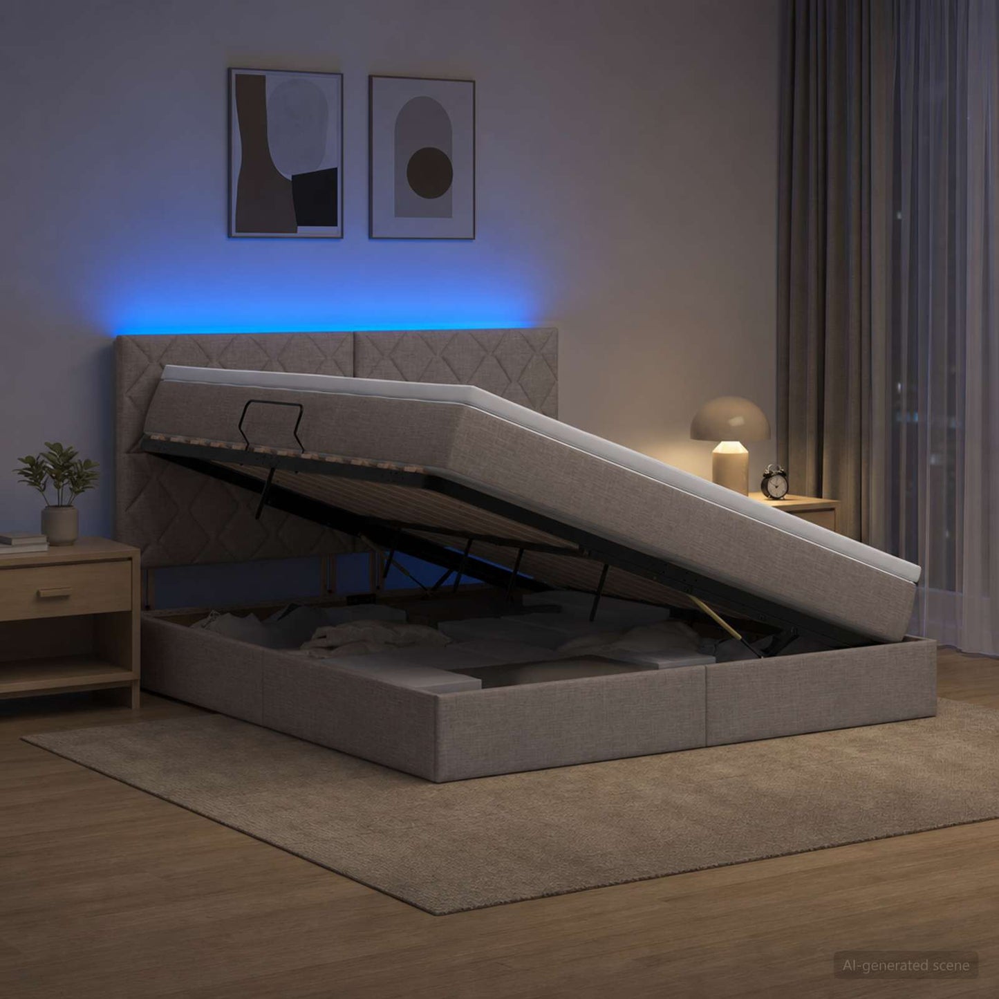 LED tárolós ágy matraccal Tópszínű 180 x 200 cm Szövet