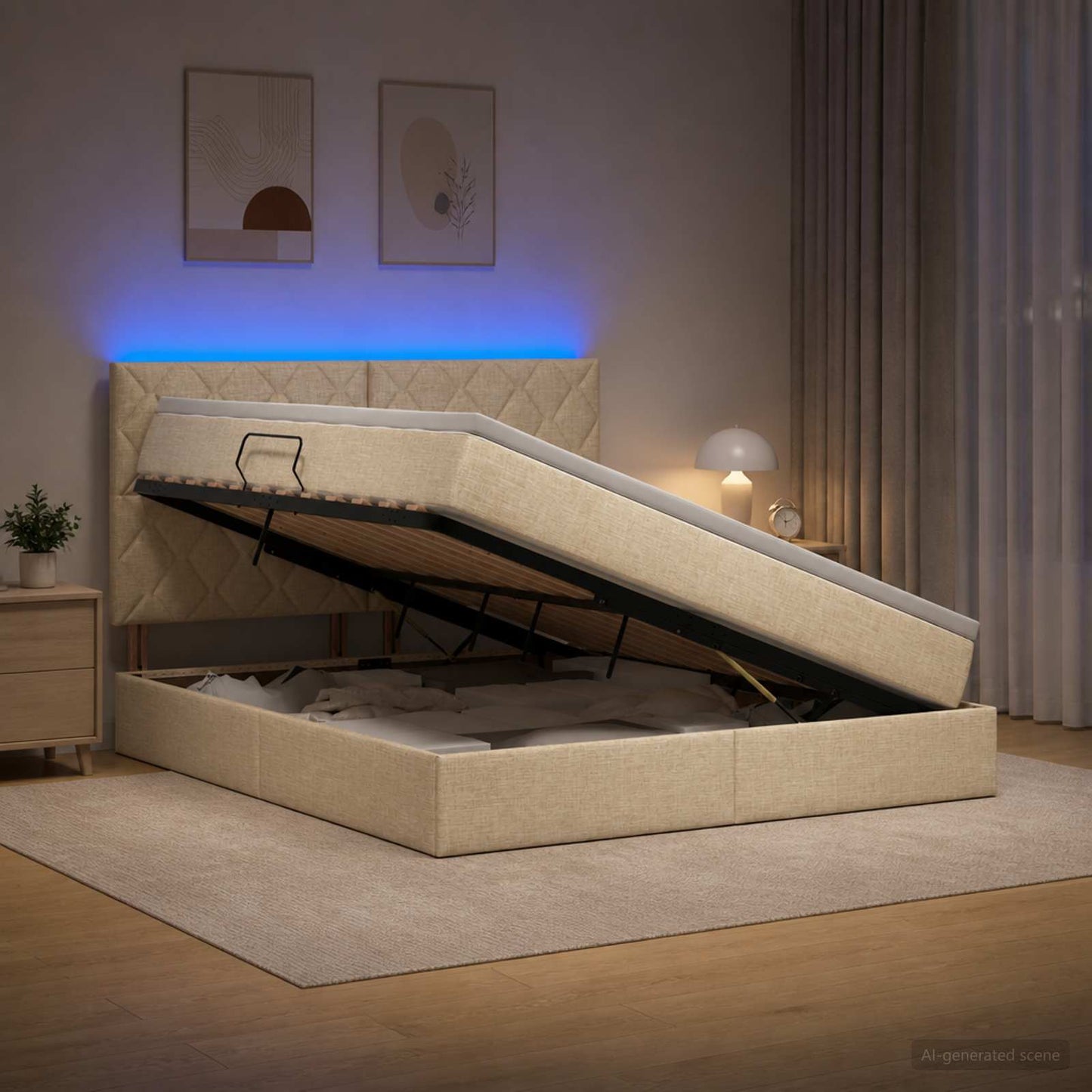 LED tárolós ágy matraccal Krémszínű 180 x 200 cm Szövet