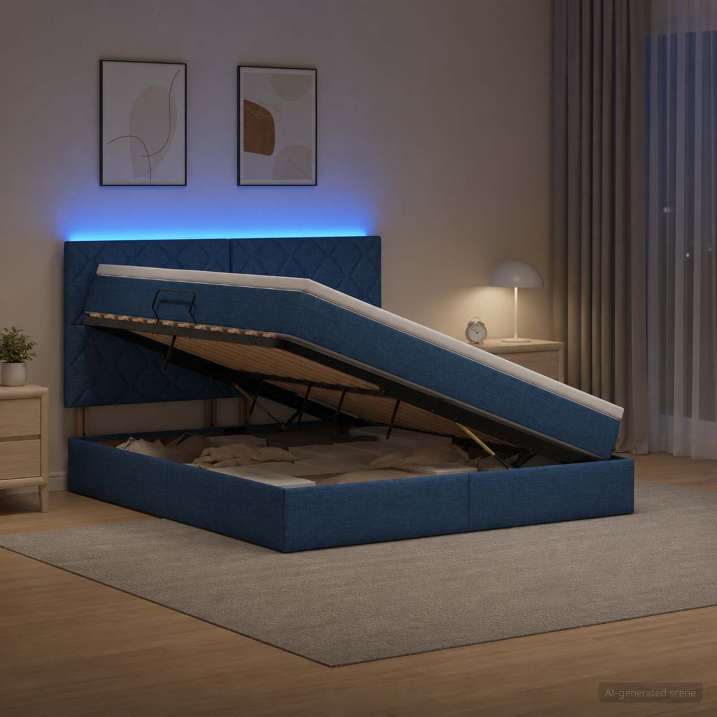 LED tárolós ágy matraccal Kék 160 x 200 cm Szövet