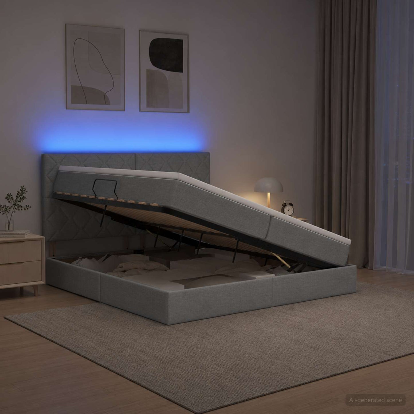 LED tárolós ágy matraccal Világosszürke 200 x 200 cm Szövet