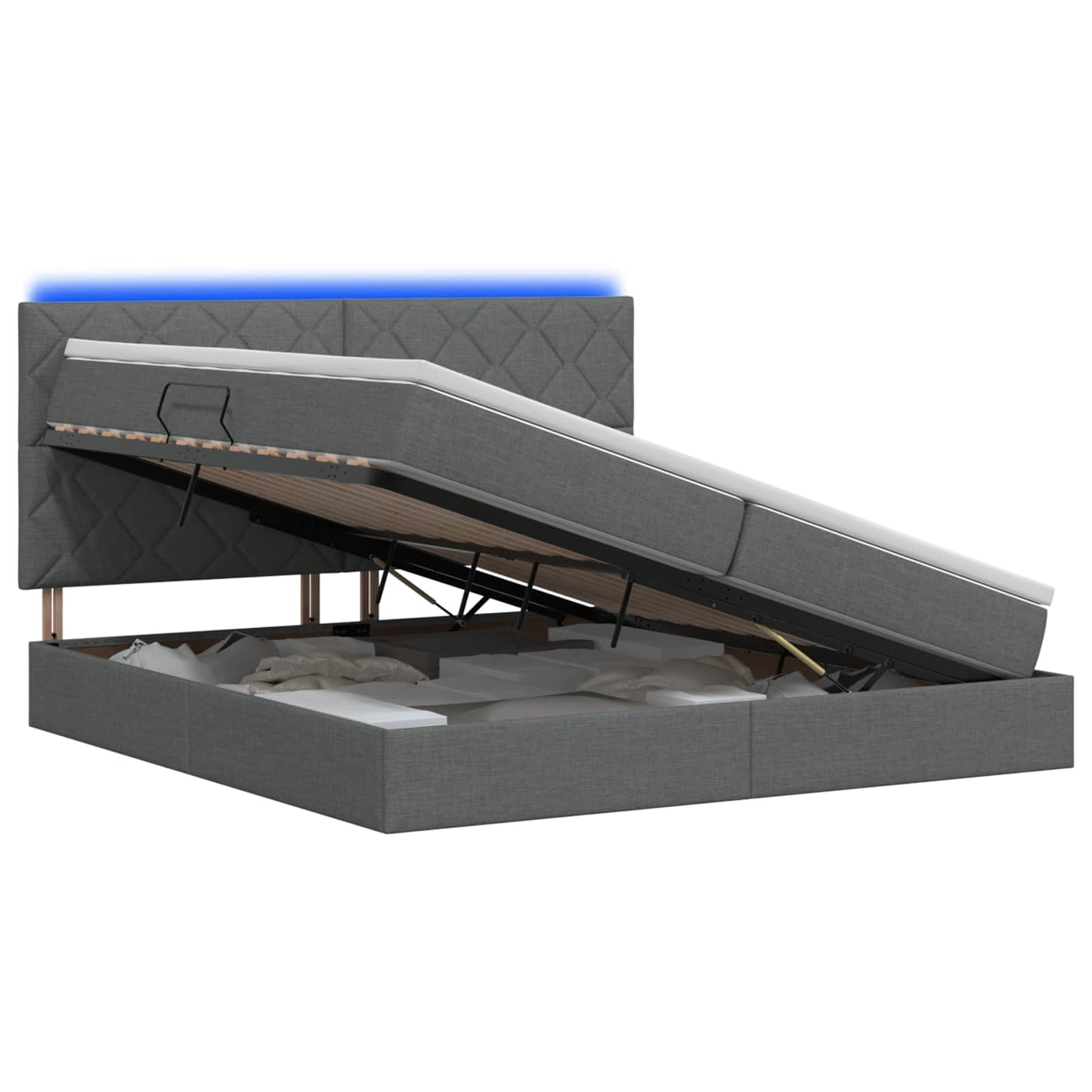 LED tárolós ágy matraccal Sötétszürke 200 x 200 cm Szövet