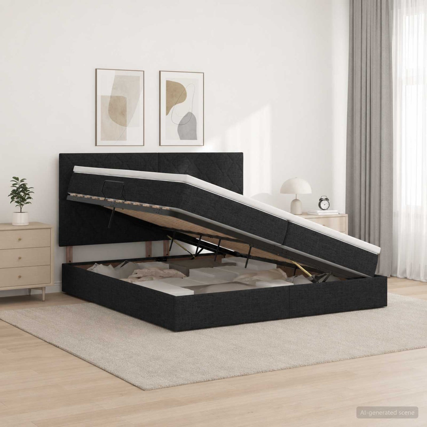 LED tárolós ágy matraccal Fekete 200 x 200 cm Szövet