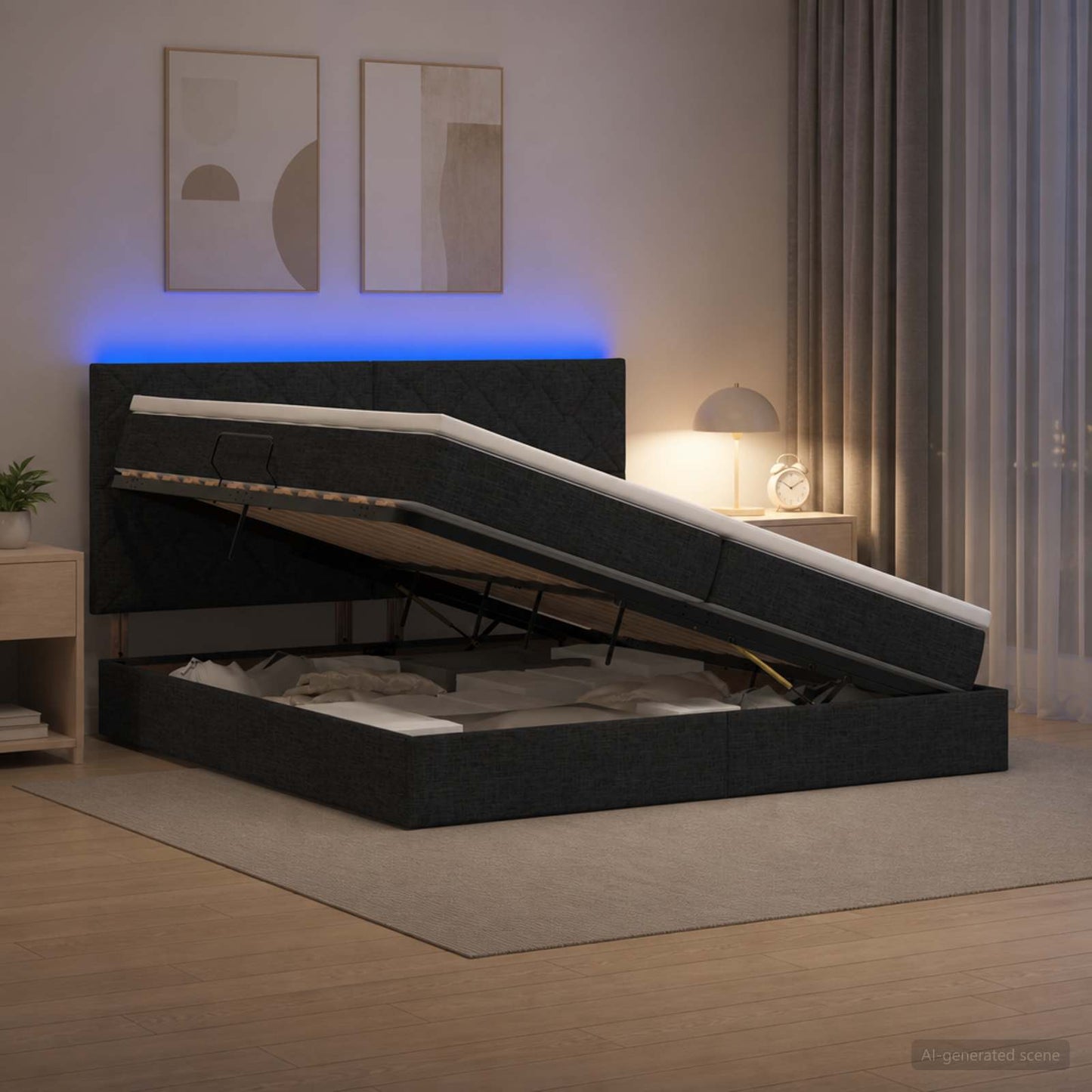 LED tárolós ágy matraccal Fekete 200 x 200 cm Szövet