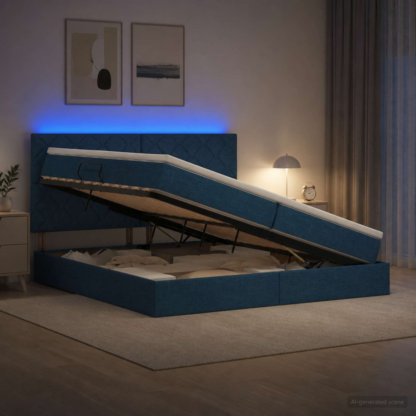 LED tárolós ágy matraccal Kék 200 x 200 cm Szövet