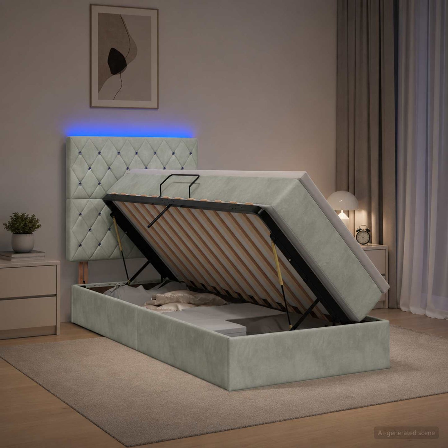 LED tárolós ágy matraccal Világosszürke 90 x 200 cm Bársony