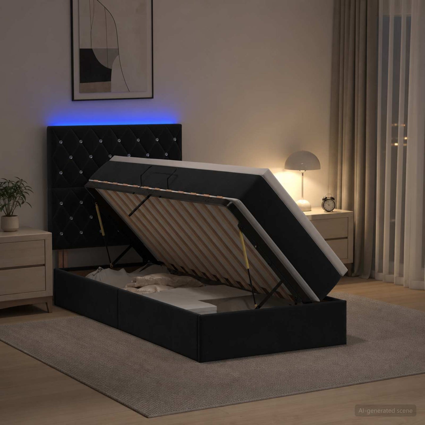 LED tárolós ágy matraccal Fekete 100 x 200 cm Bársony