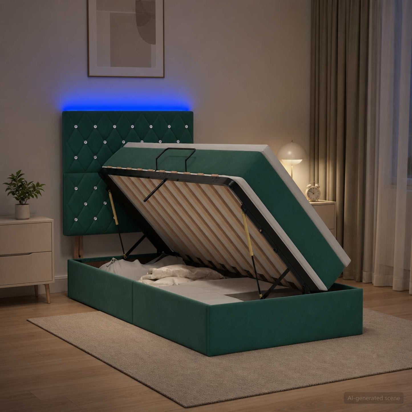 LED tárolós ágy matraccal Sötétzöld 90 x 200 cm Bársony